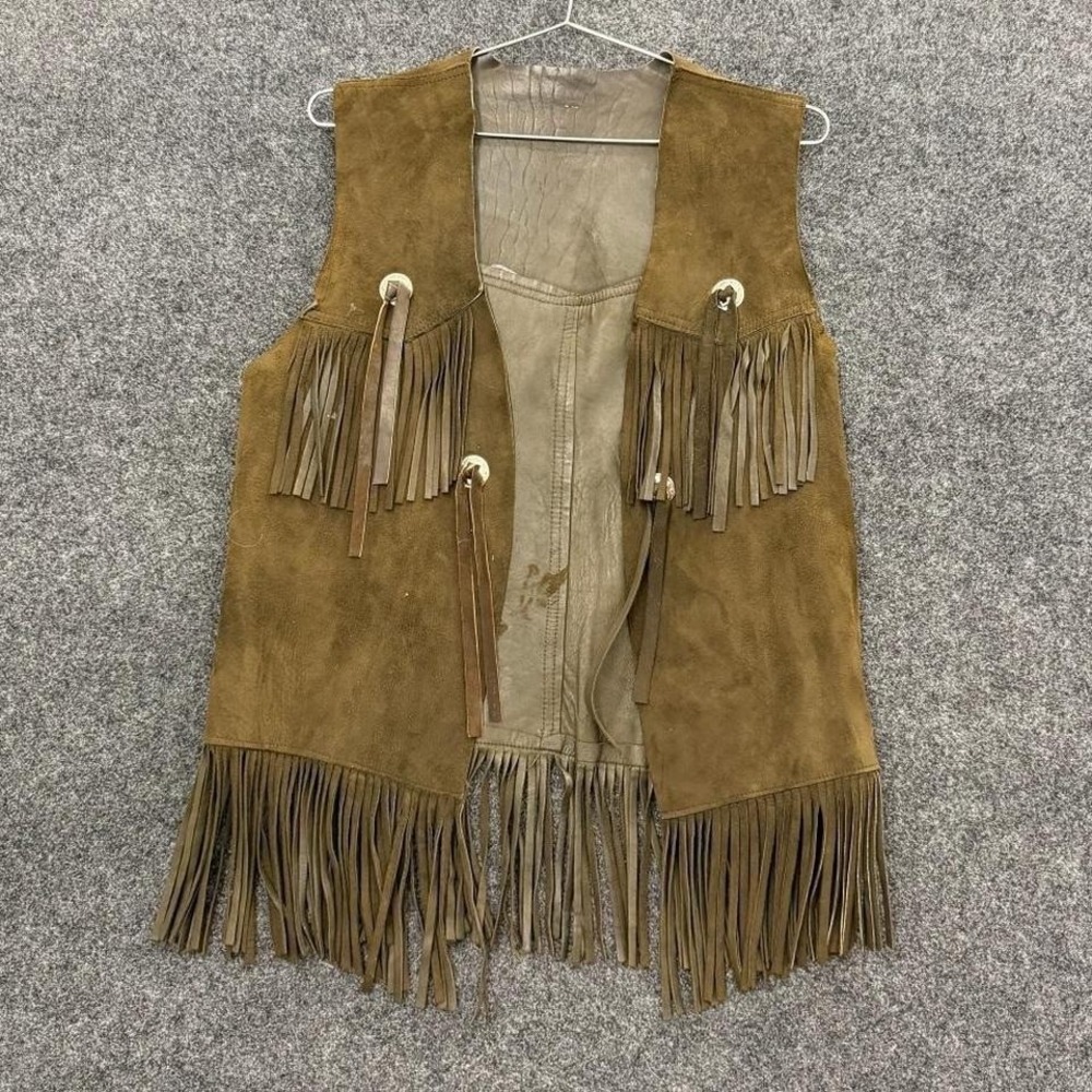Vintage Brown Suede Fringe Vest Western Boho Leather 1970s Festival